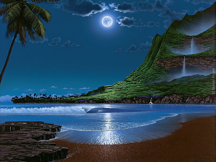 body of water illustration, sea, the sky, pastoral, moonlit night, HD wallpaper