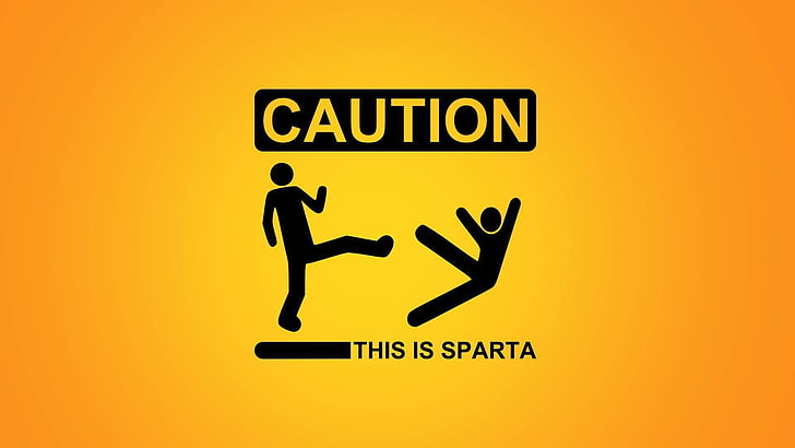 caution signage, Sparta, parody, simple background, humor, minimalism