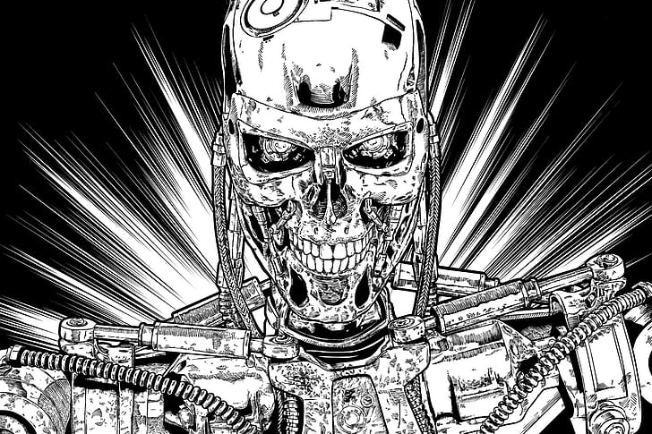 Terminator, endoskeleton, machine, cyborg, comic art, drawing