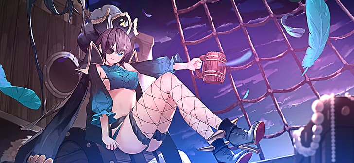 game characters, pirate hat, anime girls, anime games, fishnet stockings