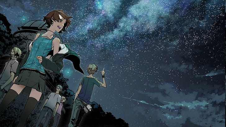 anime stars group of people night clear sky supercell observatory shirow miwa, HD wallpaper