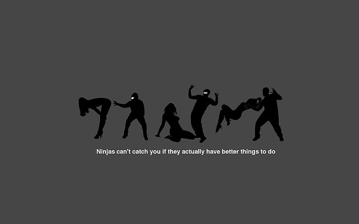 gray background with people shadow, ninjas, humor, ninjas can't catch you if, HD wallpaper