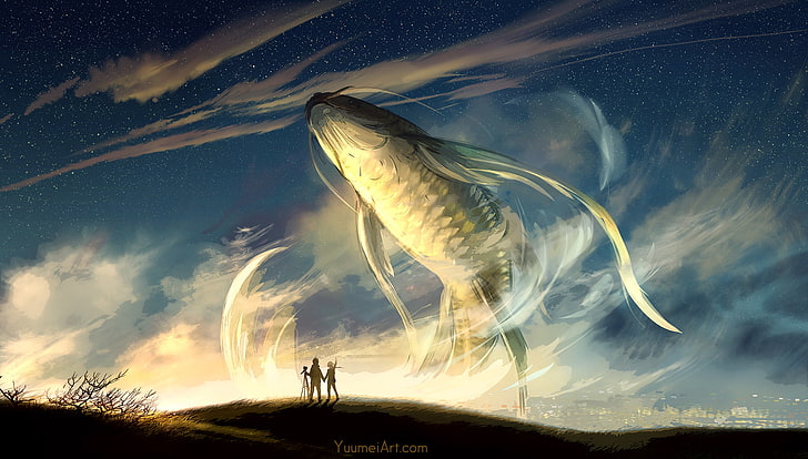 fish, fantasy art, skyscape, Yuumei, cloud - sky, nature, night