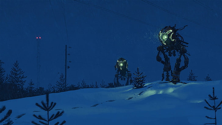 two robot illustrations, fantasy art, snow, Simon Stålenhag
