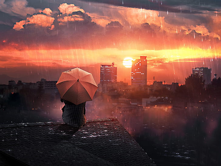 artwork, women, umbrella, city, rooftops, rain