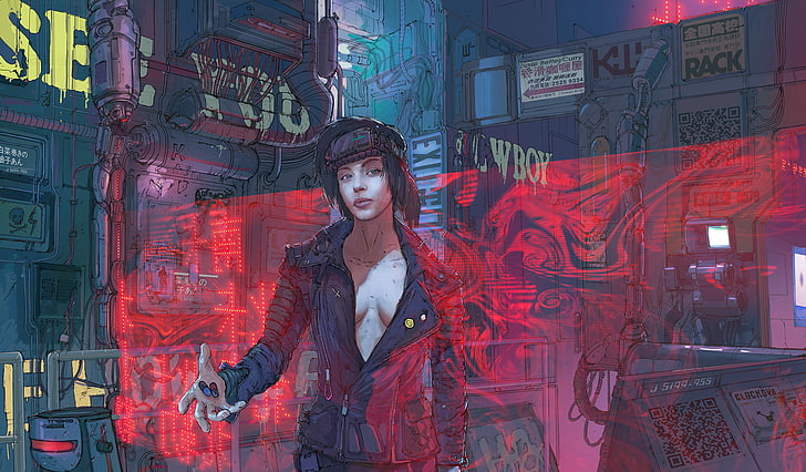 man wearing jacket standing near buildings illustration, cyberpunk
