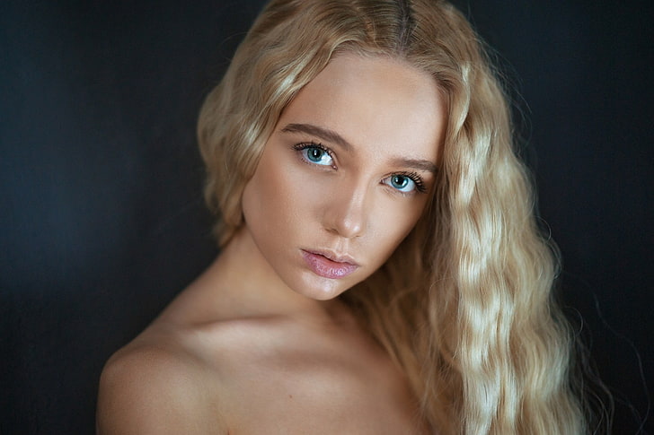 women, Maxim Maximov, blonde, blue eyes, simple background
