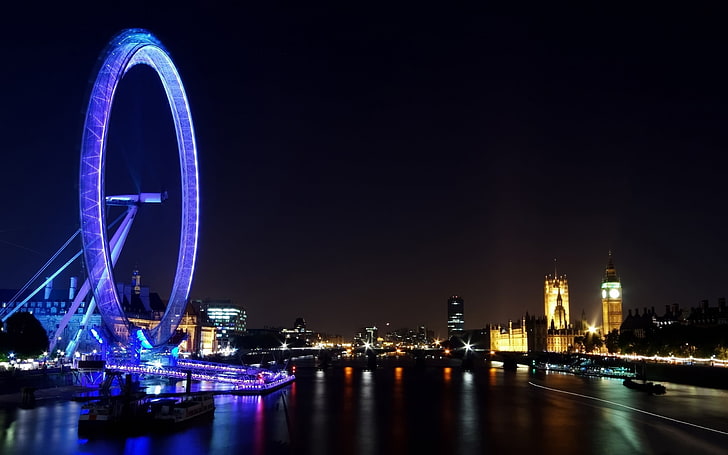 London, London Eye, ferris wheel, Big Ben, lights, night, River Thames, HD wallpaper