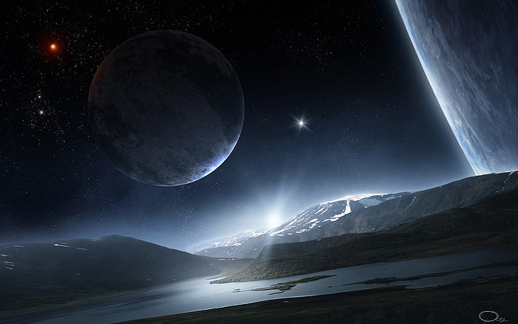 gray planet wallpaper, water, space, stars, surface, mountains
