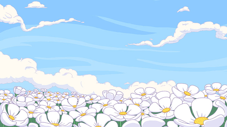white petaled flowers illustration, Adventure Time, cartoon, sky