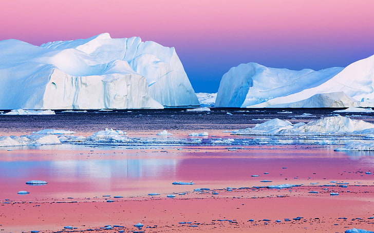 iceberg, purple sky, sea, global warming, water, cold temperature