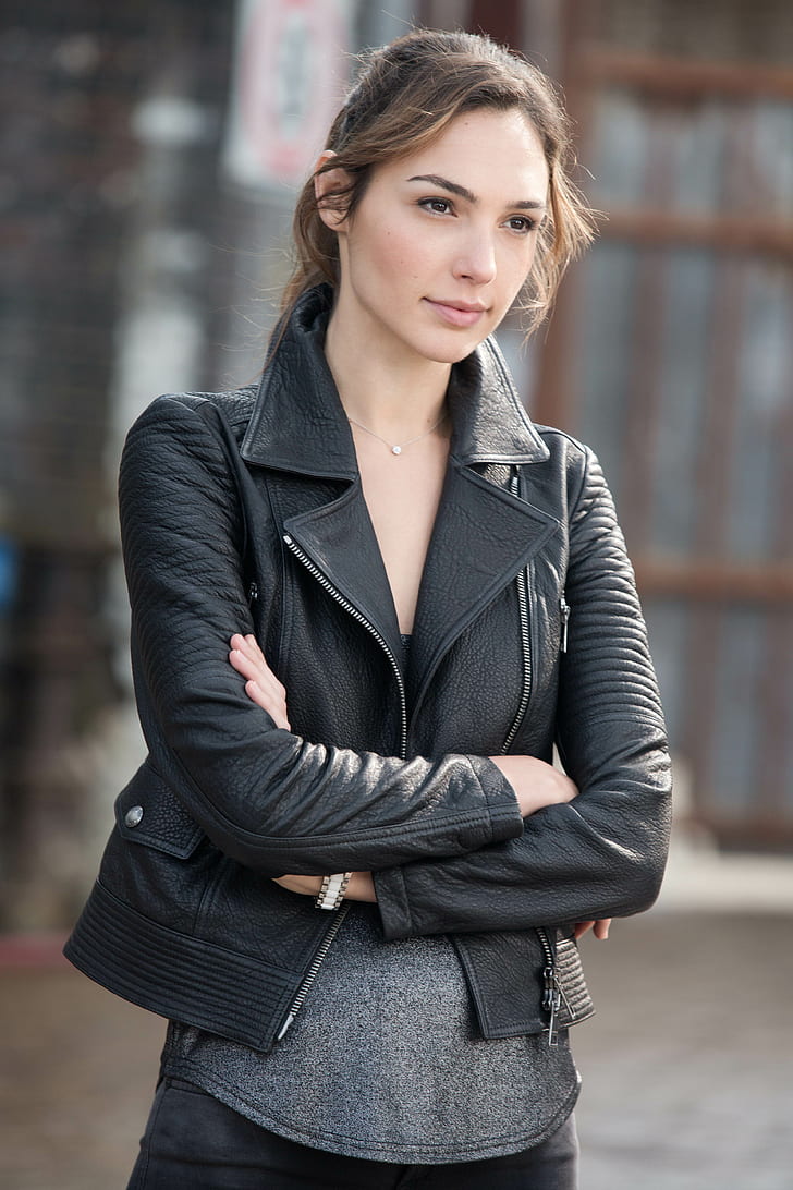 leather jackets, actress, brunette, looking into the distance, HD wallpaper
