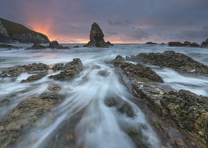 landscape photography of rock formation and water streams, Rhoscolyn