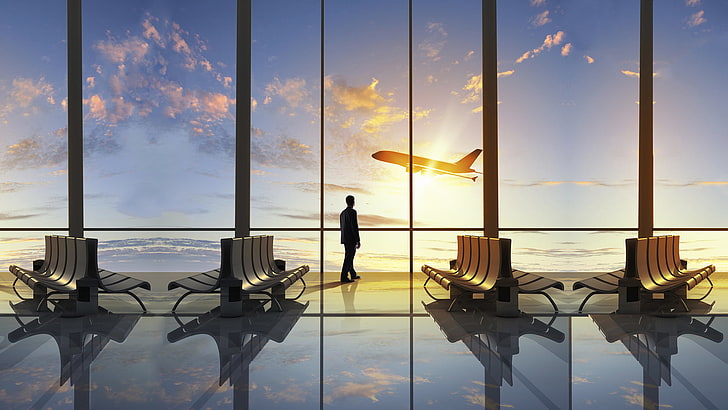 airport station, airplane, passenger aircraft, waiting, chair, HD wallpaper