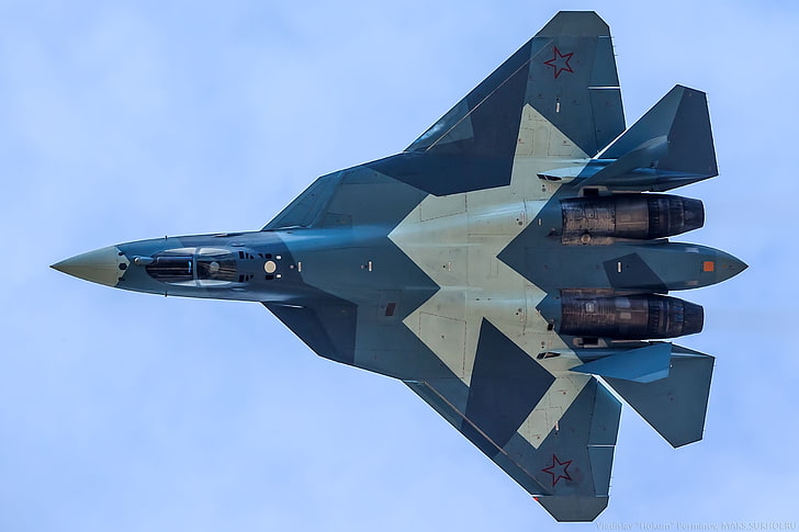 white and blue fighter jet, aircraft, military aircraft, Sukhoi PAK FA