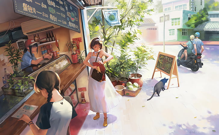 HD wallpaper: street, anime, art, weekdays, shop, cafe, Taejune Kim, A warm  day | Wallpaper Flare