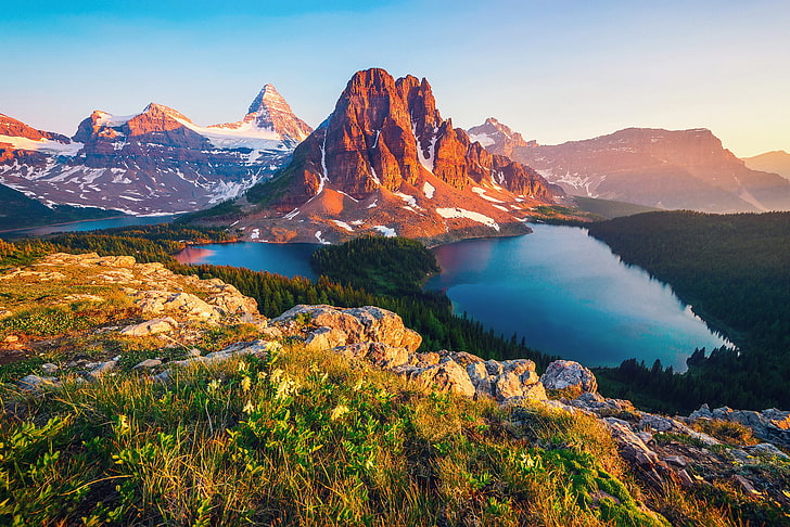 brown mountains, canada, british columbia, lake, nature, landscape, HD wallpaper