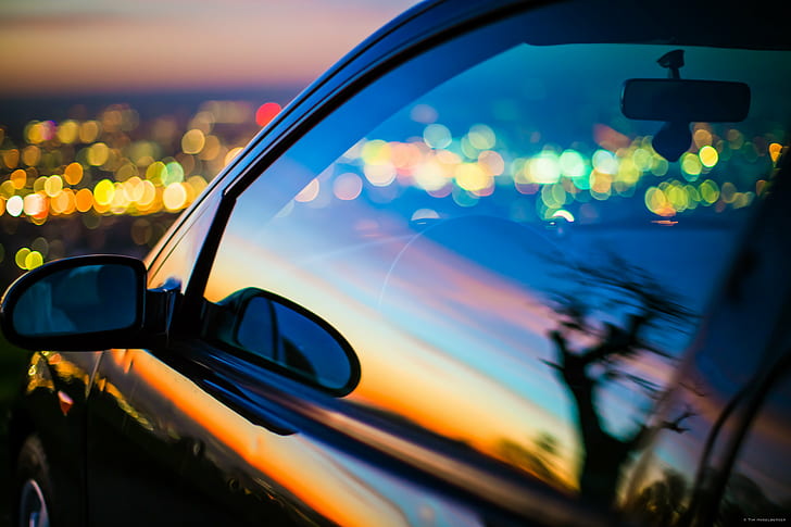 photography of sunset on car window, tim, rt, reutlingen, bokeh, HD wallpaper