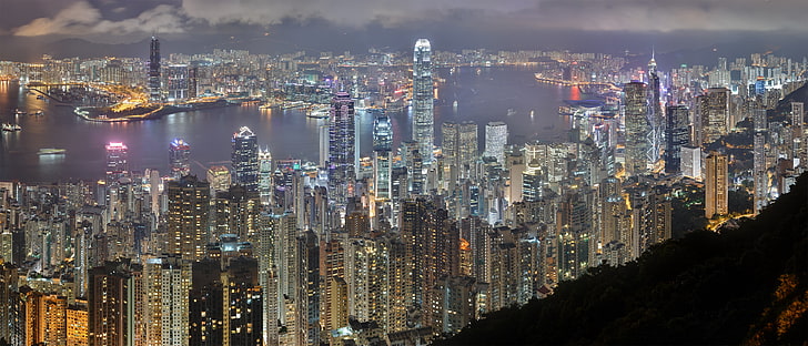 gray concrete building lot, Hong Kong, cityscape, night, building exterior, HD wallpaper