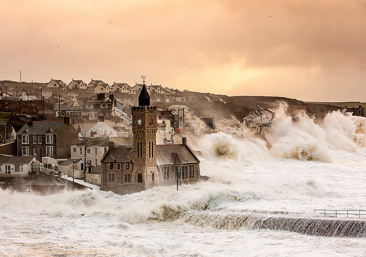 UK, England, sea, church, town, storm, HD wallpaper