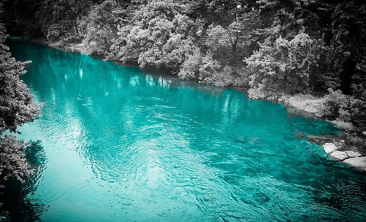 river, trees, winter, Norway, snow, cyan, turquoise, selective coloring, HD wallpaper