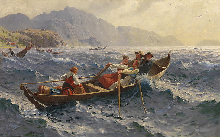 Norwegian painter, 1900, Hans Dahl, Stormy Crossing of the Fjord
