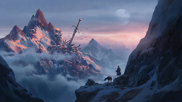 skull and sword illustration, mountains, giant, skeleton, bones