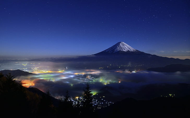 Nature, Landscape, Starry Night, Mountain, Cityscape, Mist, Snowy Peak, Light, Strees, Mount Fuji, Japan, mount fuji in japan, HD wallpaper