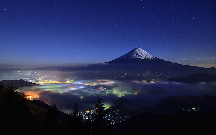 Mt. Fuji, silhouette of volcano, nature, landscape, starry night
