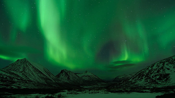 northern lights, aurorae, landscape, sky, mountains, night, snow