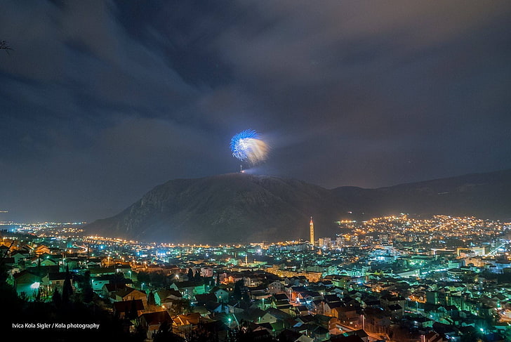 Mostar, Bosnia, Bosnia and Herzegovina, night, fireworks, city, HD wallpaper