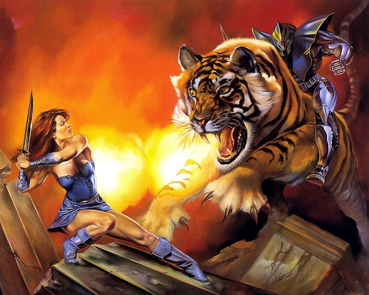 fantasy art, warrior, fantasy girl, lion, tiger, big cat, animal wildlife