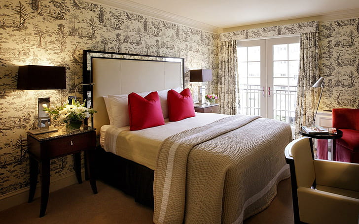 Clean hotel room, brown wooden bedroom furniture set, photography, HD wallpaper