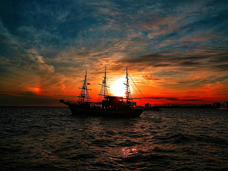 Greece, sea, sailing ship, silhouette, Thessaloniki, sunset, HD wallpaper