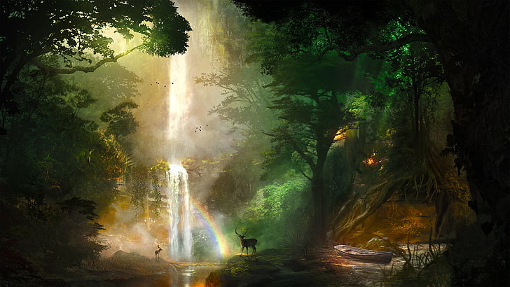 painting of waterfalls, digital art, jungle, boat, rainbows, deer, HD wallpaper