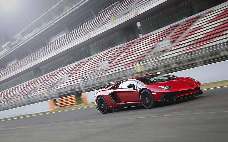 red sports car, Lamborghini Aventador LP750-4 SV, race tracks, HD wallpaper