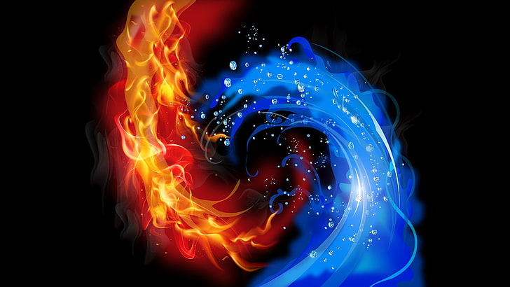 fire and ice wallpaper, abstract, black background, water, vector, HD wallpaper