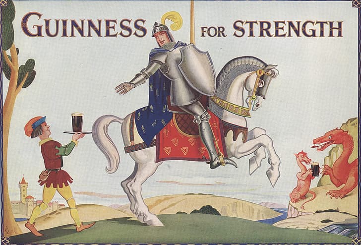 Guinness, beer, advertisements, knight, Squire, dragon, vintage