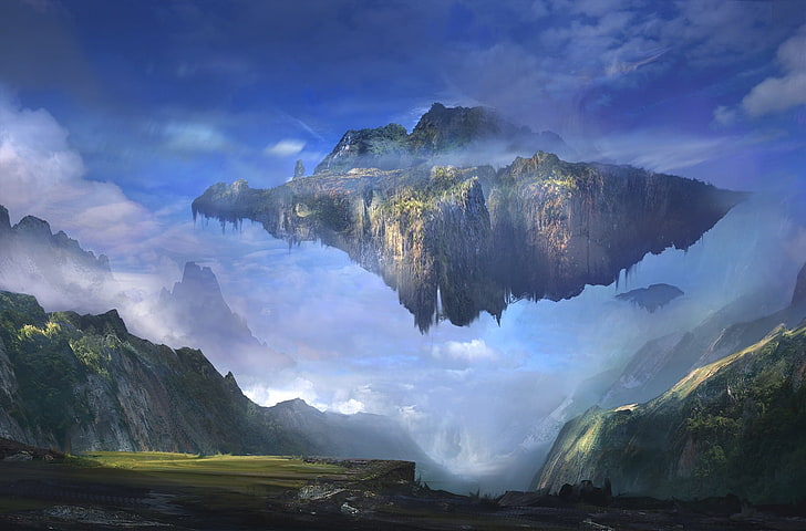sky island, floating, mountain, clouds, artwork, Fantasy, beauty in nature, HD wallpaper
