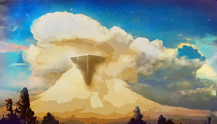 mountain with fog painting, clouds, space, landscape, sky, cloud - sky