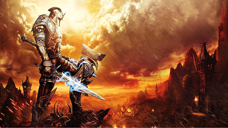 amalur, armor, clouds, fire, flames, game, games, hammer, kingdoms, HD wallpaper