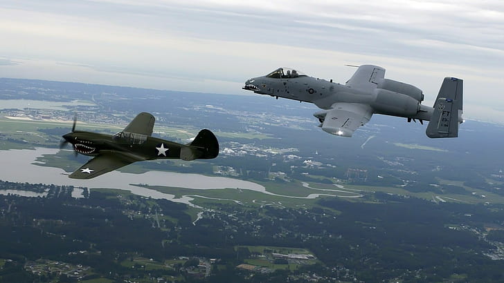 military aircraft, airplane, jets, Curtiss P-40 Warhawk, Fairchild Republic A-10 Thunderbolt II, HD wallpaper