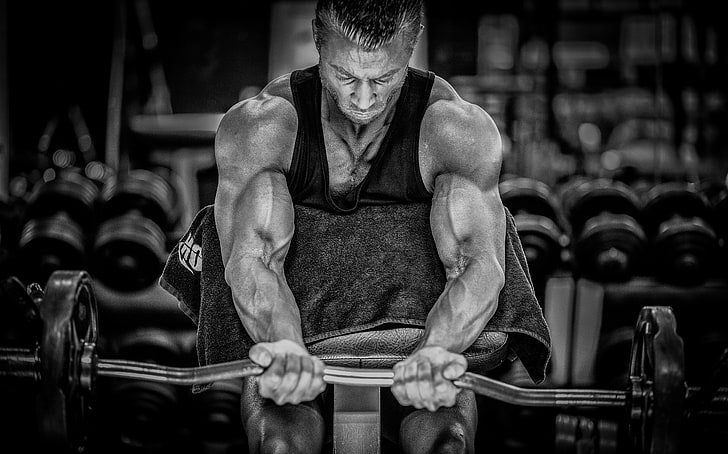 grayscale photo of barbell, bodybuilding, bodybuilder, muscle, HD wallpaper