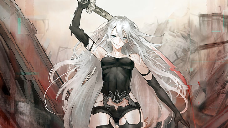 female anime character with white hair holding sword digital wallpaper