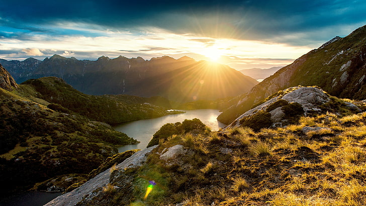 rocky mountain, sunrise and body of water, fjord, landscape, nature