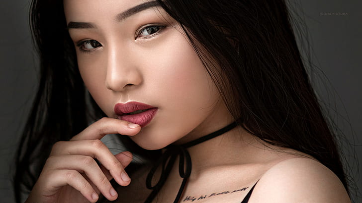 women, Asian, tattoo, face, portrait, finger on lips, red lipstick, HD wallpaper