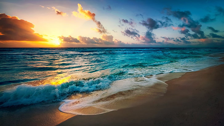 brown shore sand, beach, color correction, sunset, sea, coast, HD wallpaper