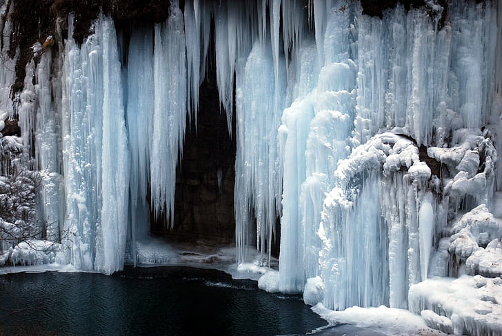 ice, waterfall, frozen lake, cold, nature, frozen river, HD wallpaper