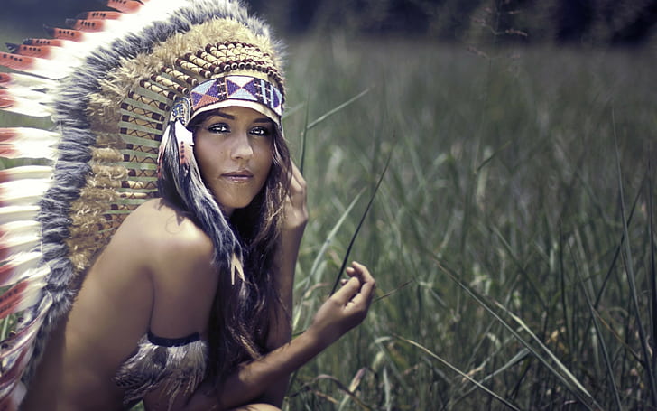 native americans brunette headdress women strategic covering, HD wallpaper