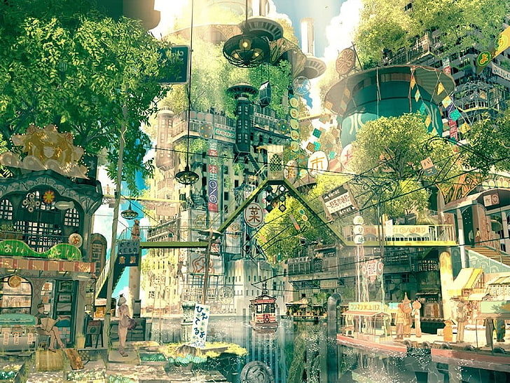 body of water surrounded by buildings artwork, digital art, Japan, HD wallpaper
